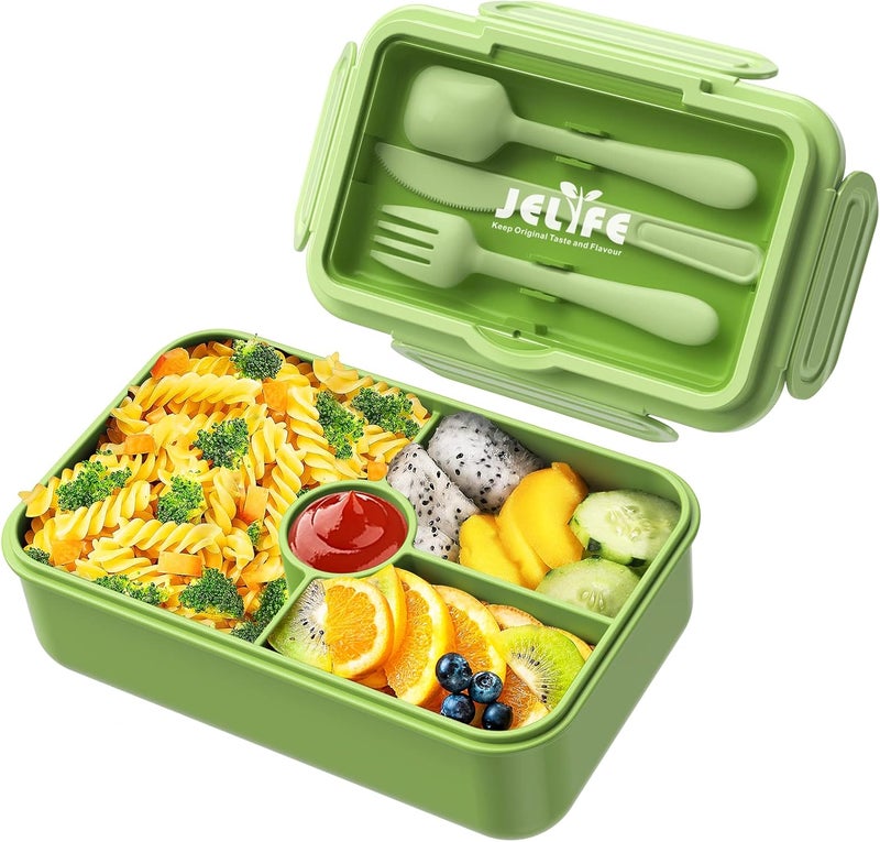 Jelife Bento Box Kids Lunch Box - Large Bento-Style Leakproof with 4 Compartments Food Storage Container with Tableware for Kids Back to School, Reusable On-the-Go Meal and Snack Packing, Green - Image 1
